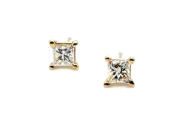 BRAND NEW Diamond Stud Earrings Mined .50ct Princess F VVS 14K Yellow Gold