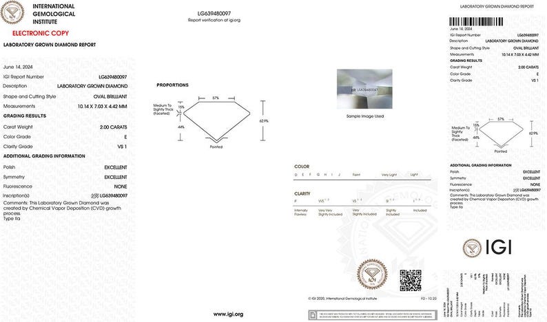 May include: A laboratory-grown diamond report from the International Gemological Institute (IGI) for a 2.00 carat oval brilliant diamond. The report details the diamond's measurements, colour grade, clarity grade, and additional grading information, including symmetry, polish, and fluorescence. The report number is LG639480097.