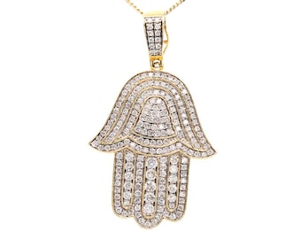 Bling Diamond Hamsa Pendant Necklace Iced Out Mined 3ct 14K Yellow Gold