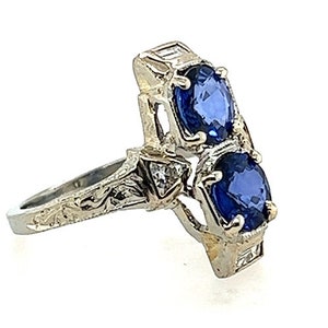 Art Deco Two Stone Sapphire Diamond Cocktail Ring 2ct 18K Original 1920s Antique image 3