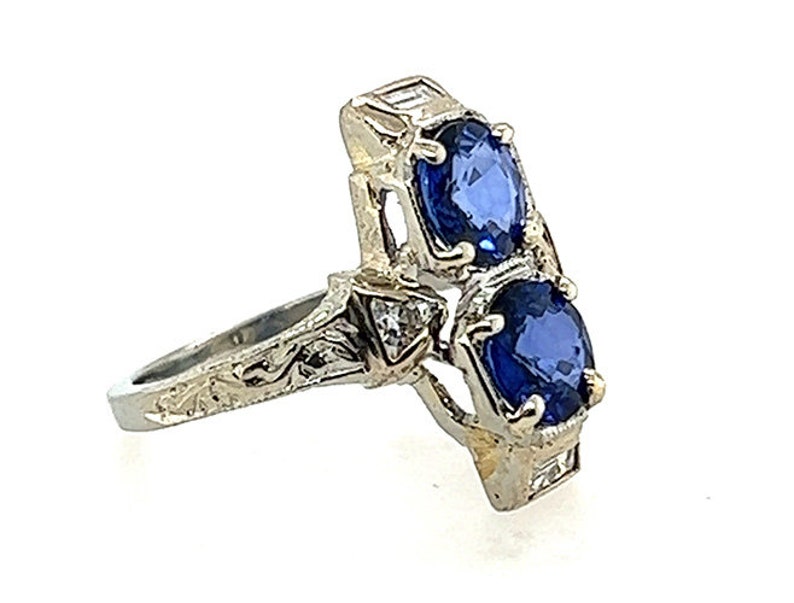 Art Deco Two Stone Sapphire Diamond Cocktail Ring 2ct 18K Original 1920s Antique image 3