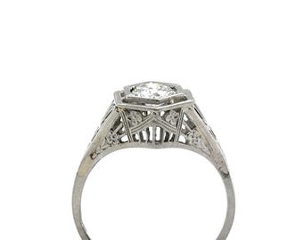 Art Deco Diamond Solitaire Engagement Ring 0.50ct 18K Gold Filigree Flowers Original 1930s