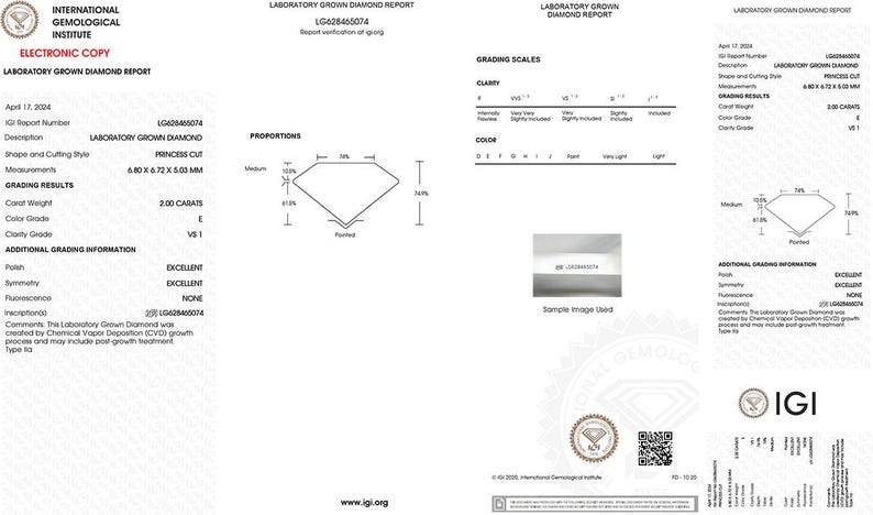 May include: A laboratory grown diamond report from the International Gemological Institute (IGI) for a 2.00 carat princess cut diamond. The report details the diamond's measurements, color grade, clarity grade, and additional grading information, including polish, symmetry, fluorescence, and comments.