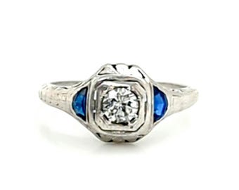 Art Deco Diamond Sapphire Ring .25ct RBC French Cut Original 1930's Platinum