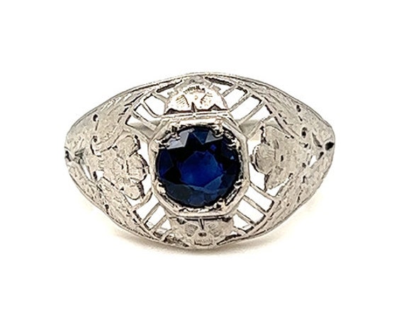 Art Deco Natural Sapphire Ring 1/2ct Flowers Plat… - image 1