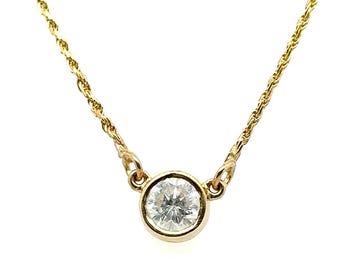 Diamond Solitaire Pendant 1 Carat Mined Bezel Set RBC 14K Yellow Gold Chain 1ct