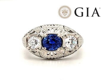 Art Deco Sapphire Diamond 3 Stone Ring Sri Lanka Mined 1.58ct GIA 1920s NOS 18K