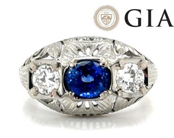 Art Deco 1920s Sapphire & Diamond 3-Stone Ring | 1.58cttw Sri Lanka Sapphire GIA | 18K Gold NOS Vintage Treasure