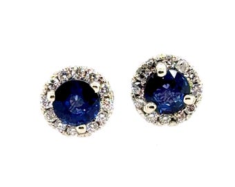 Brand New Sapphire Diamond Stud Halo Earrings 1.40ct 14K White Gold