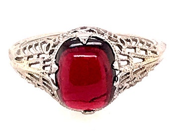 Art Deco Garnet Ring 2.25ct Cabochon 18K Original 1920s Orange Blossom