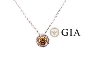 Halo Diamond Pendant GIA Natural Mined Fancy Yellow Diamond with Necklace .25ct 14K
