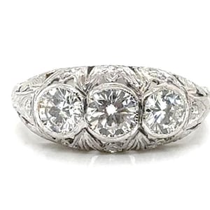 Art Deco 3 Stone Filigree Diamond Ring Mined 1.20ct Platinum Original 1920s