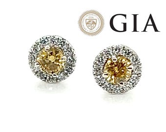 GIA Fancy Orangy Yellow Diamond Halo Stud Earrings Mined .83ct Brand New 14K