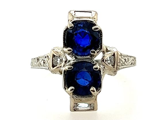 Art Deco Two Stone Sapphire Diamond Cocktail Ring… - image 1