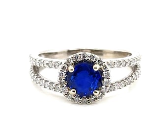 Sapphire Halo Diamond Ring 2.12ct Split Shank 14K White Gold September Birthstone