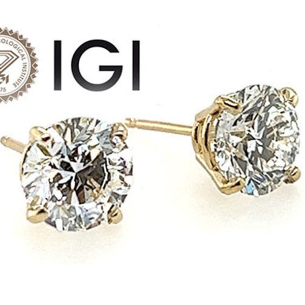 Diamond Stud Earrings IGI Certified 2.20 Carat Lab Grown D VS1 Ideal 2ct 14K Pushback