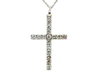 Diamond Cross Pendant Necklace 0.75ct Round Brilliant 14K White Gold Religious Jewelry