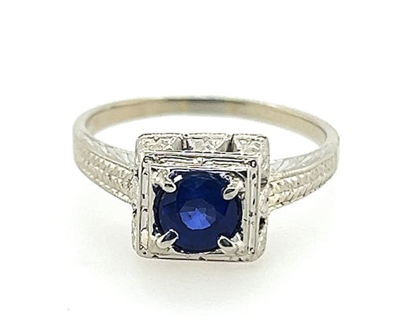 Art Deco Sapphire Engagement Ring .70ct 18K Solit… - image 1