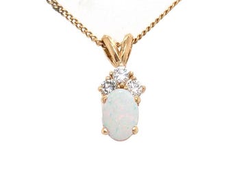 Gem Quality Opal Diamond Pendant Necklace 14K Yellow Gold Oval Cabochon