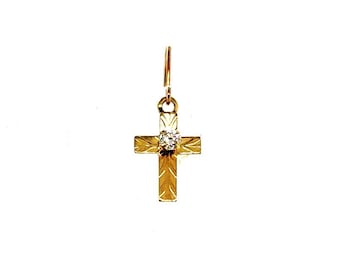 Cross Diamond Single Dangle Earring Mined 14K Yellow Gold