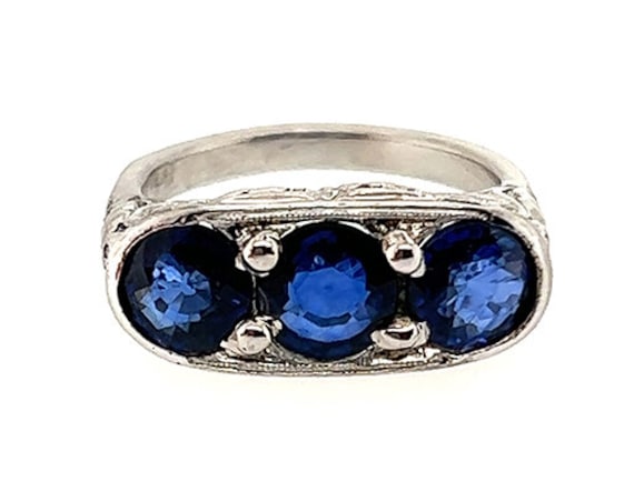 Art Deco 3 Stone Sapphire Ring 3.51ct Round Cut O… - image 1