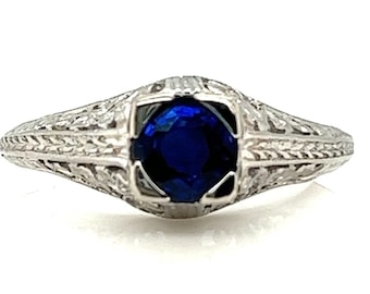 Art Deco Sapphire Ring .65ct Round Original 1930's Antique Flowers Platinum