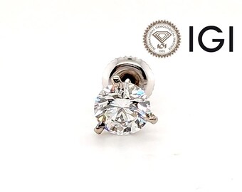 Diamond Single Stud Earring 1ct Lab Grown D VS1 IGI Ideal Cut Screwback