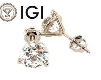 Diamond Stud Earrings 3 Carat Lab Grown D VVS2 IGI Ideal Cut 3ct 14K Screwback