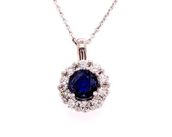 Sapphire Diamond Halo Pendant Mined 1.57ct 14K White Gold Brand New
