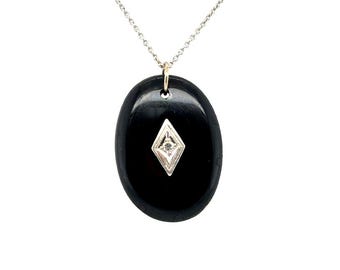 Art Deco Diamond Onyx Necklace Pendant Old Cut 14K Antique Original 1920's