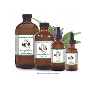 May include: Four amber glass bottles of varying sizes with black caps, featuring white labels with the text Liquid Herbal Tincture, MR, and specific names like Ashwagandha Root 16 fluid ounces, False Unicorn Root 8 fluid ounces, Anxiety 4 fluid ounces, and Elderberry 2 fluid ounces.