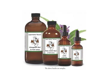 May include: Four amber glass bottles of varying sizes with black caps, featuring white labels with the text Liquid Herbal Tincture, MR, and specific names like Ashwagandha Root 16 fluid ounces, False Unicorn Root 8 fluid ounces, Anxiety 4 fluid ounces, and Elderberry 2 fluid ounces.