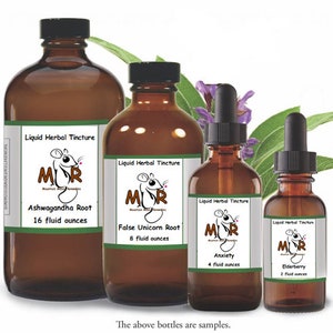 May include: Four amber glass bottles of liquid herbal tincture with black caps. Labels feature a mouse logo, the text Mountain Mist Remedies, and specific contents: Ashwagandha Root 16 fluid ounces, False Unicorn Root 8 fluid ounces, Anxiety 4 fluid ounces, and Elderberry 2 fluid ounces.