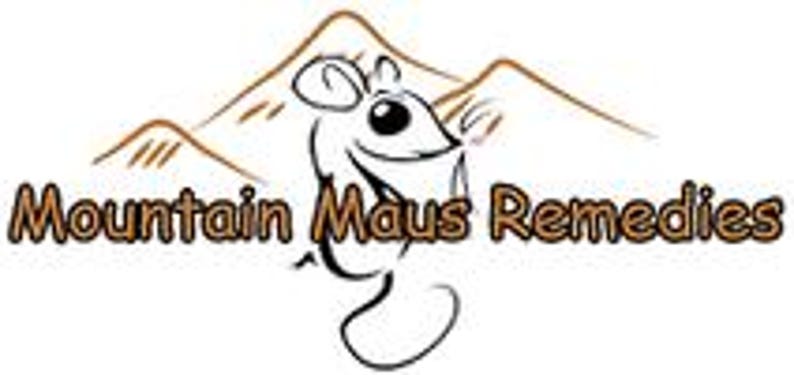 May include: Logo for "Mountain Maus Remedies" showing a cartoon mouse and mountain range. The text is in a brown, serif font, with the mouse in black and white. The mountains are brown.