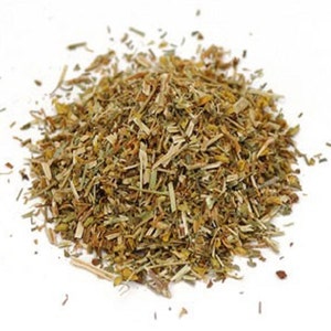 May include: A close-up of dried St. John's Wort herb, a yellow-green blend of leaves and flowers.