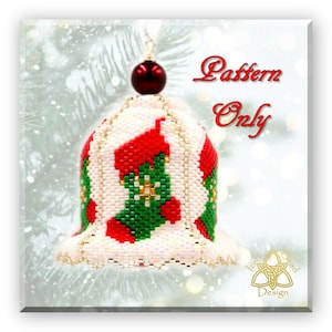 May include: A beaded Christmas bell ornament with a red, white, and green striped pattern. The bell has a gold bead at the top and a red bead at the bottom. The ornament is on a white background with a blurred image of a pine tree branch. The text "Pattern Only" is written in red letters on the right side of the image. The text "Ice Bead Design" is written in gold letters in the lower right corner of the image.