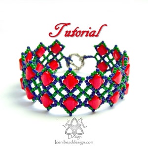 May include: A red, green, and blue beaded bracelet with a silver clasp. The bracelet is made with small square beads and is woven in a diamond pattern. The bracelet is a tutorial for beading.