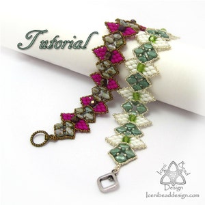 May include: Two beaded bracelets with a chevron pattern. One bracelet is pink, green, and brown, and the other is white, green, and silver. The bracelets have a clasp closure.