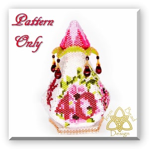 Könnte beinhalten: Ein florales Perlenmuster für eine Vase in einem rosa-weißen Farbschema. Das Muster beinhaltet einen grünen oberen Teil mit roten Perlen, die daran hängen. Der Text "Pattern Only" befindet sich in der oberen linken Ecke des Bildes. Der Text "Iceni Bead Design" befindet sich in der unteren rechten Ecke des Bildes.