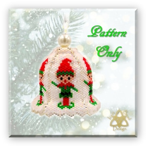 May include: A white beaded Christmas bauble shaped like a bell with a red and green elf design. The bauble has a pearl bead at the top and says "Pattern Only" in green text.