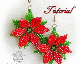 Bead Pattern: Christmas Poinsettia Earrings with Faceted Crystal beads and Seed beads. pdf. tutorial