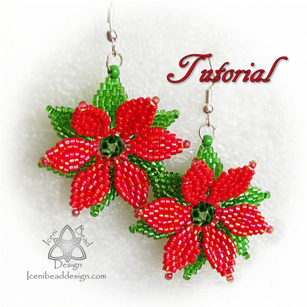 Bead Pattern: Christmas Poinsettia Earrings with Faceted Crystal beads and Seed beads. pdf. tutorial