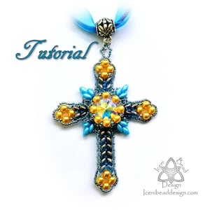 Crystal Cross Pendant .pdf Tutorial, with SuperDuo beads, Glass Pearls and Crystal Rivoli. English Only,