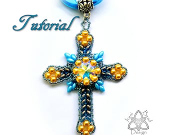 Crystal Cross Pendant .pdf Tutorial, with SuperDuo beads, Glass Pearls and Crystal Rivoli. English Only,