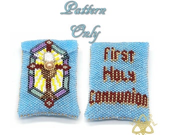 Bolsa para terço com miçangas, Primeira Comunhão, ponto peyote, padrão, instruções, pdf.