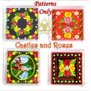 Könnte beinhalten: Vier quadratische dekorative Magnete mit floralen und Schlossmustern. Die Magnete weisen Kreuzstichmuster in verschiedenen Farben auf, darunter Rot, Gelb, Grün und Blau. Der Text auf dem Bild lautet "Patterns Only" und "Castles and Roses".