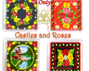 Beaded Coaster Set, Castles and Roses, Folk Art, Canal Art, Narrowboat Decoration