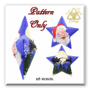 Puede incluir: Un patrón de abalorios para un adorno de estrella 3D con Papá Noel y un trineo con renos. El patrón es de 26 filas y está disponible para descargar digitalmente.
