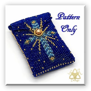 May include: A blue beaded pouch with a gold cross design and a pearl accent. The pouch is labeled "Pattern Only".