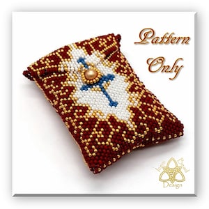 May include: A red, gold, and white beaded pouch with a cross design and a pearl button. The pouch is labeled "Pattern Only".
